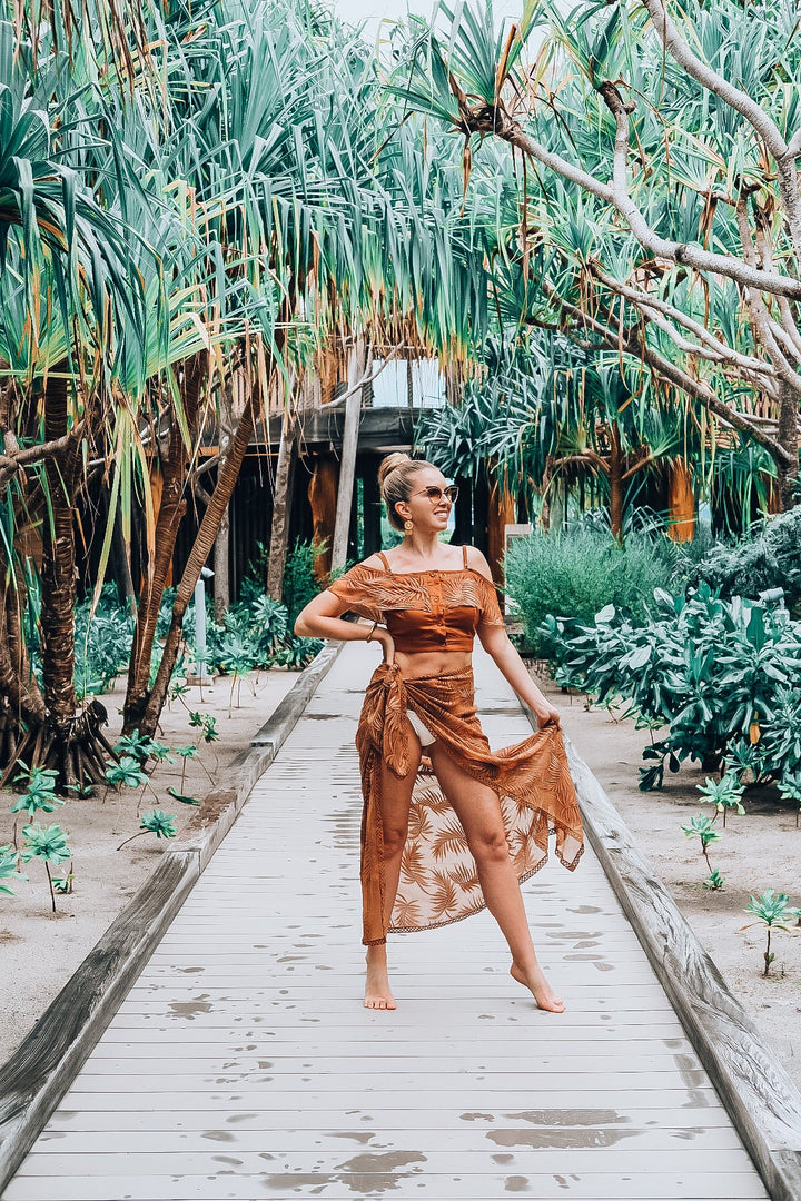 Copper Palm Leaf Ruffle Top
