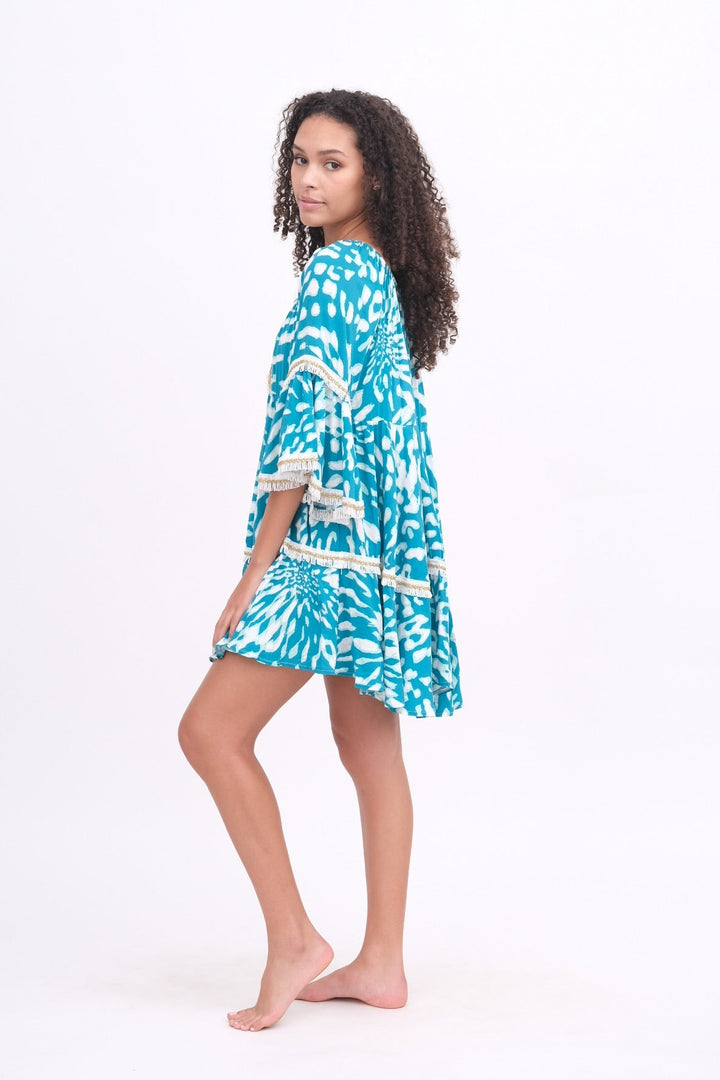 Teal &amp; White Fringe Cover Up Dress