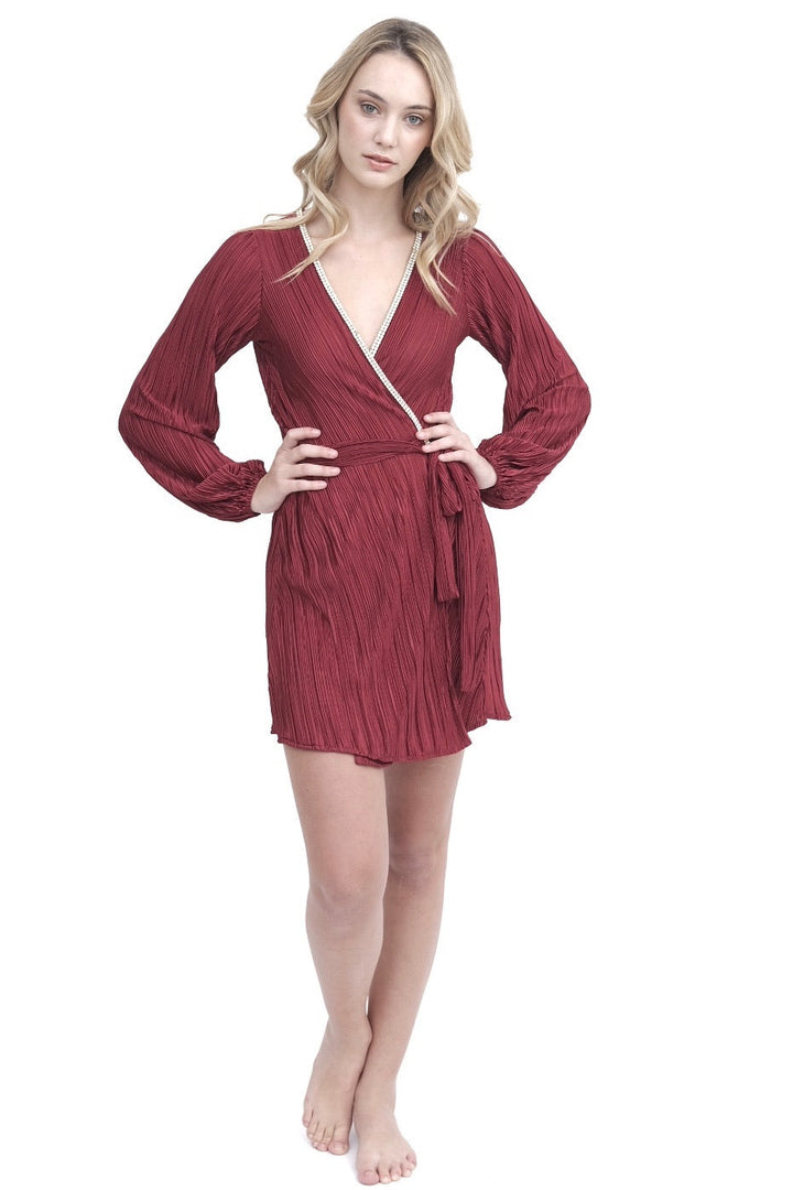 Crystal Trim Long Sleeve Robe Red