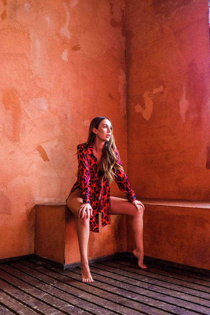 Red Leopard Button Up Top