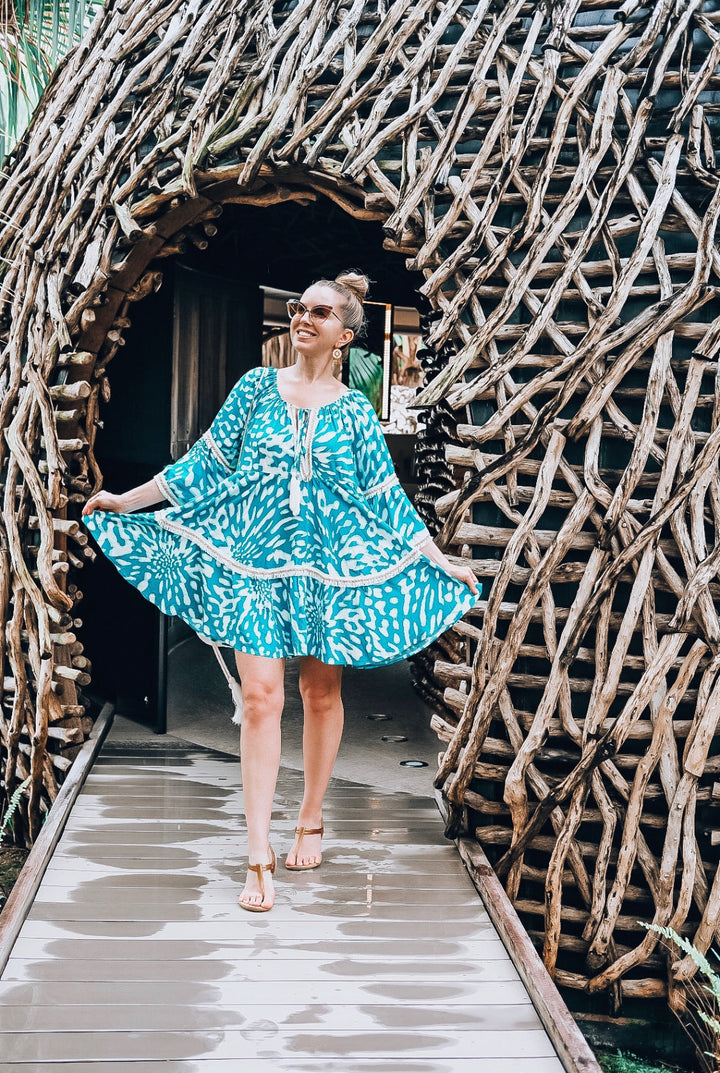 Teal &amp; White Fringe Cover Up Dress