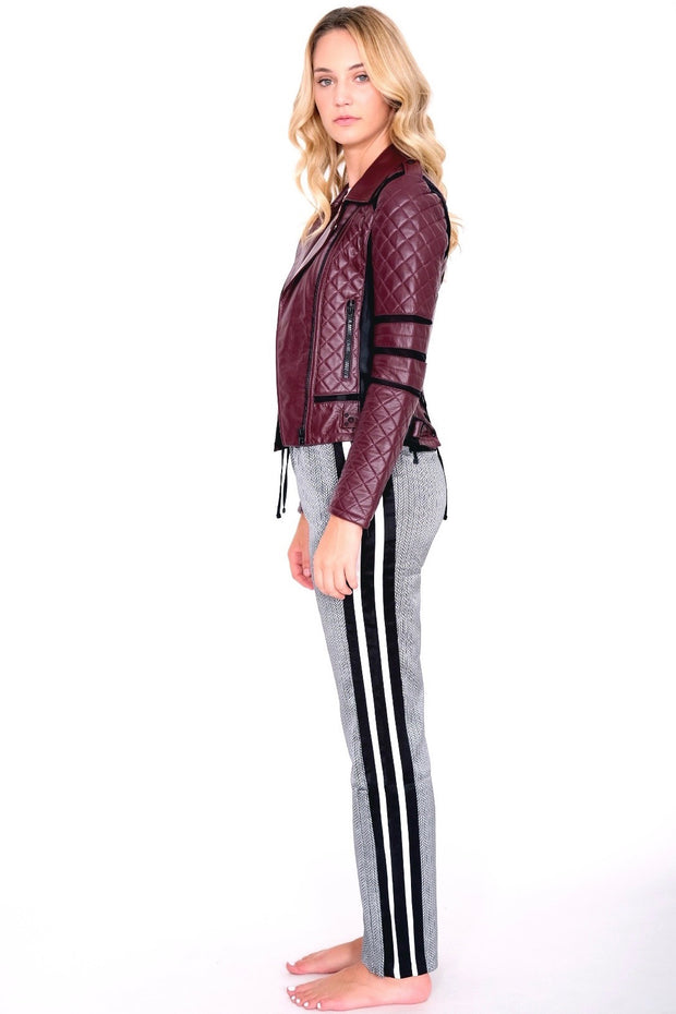 Maroon Quilted Faux Leather Moto Jacket