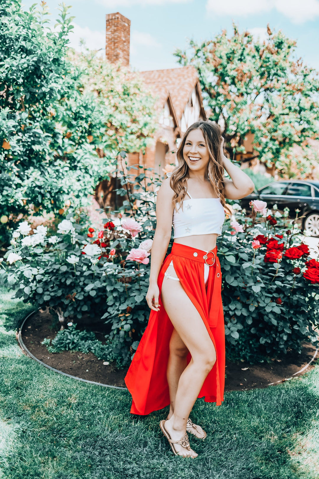 Mesh Belted Skirt Red