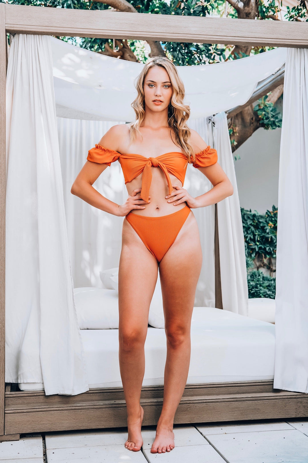 Ribbed Puff Sleeve Bikini Top - Copper
