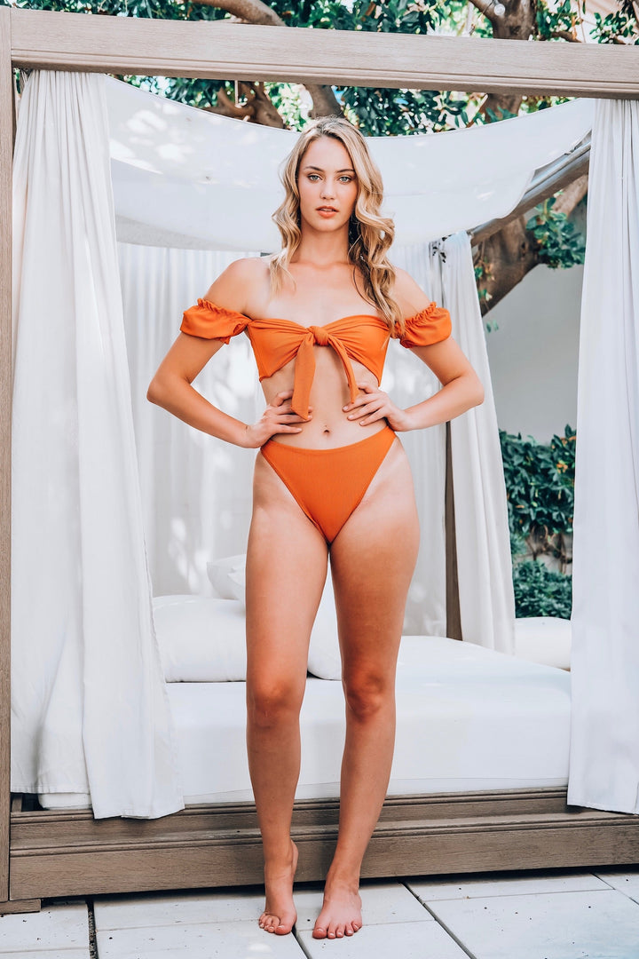 Ribbed Puff Sleeve Bikini Top - Copper