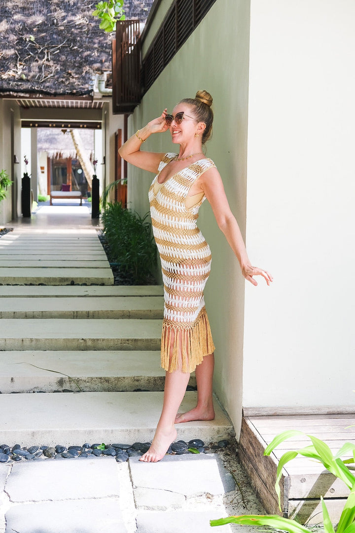 Gold and White Crochet Fringe Dress