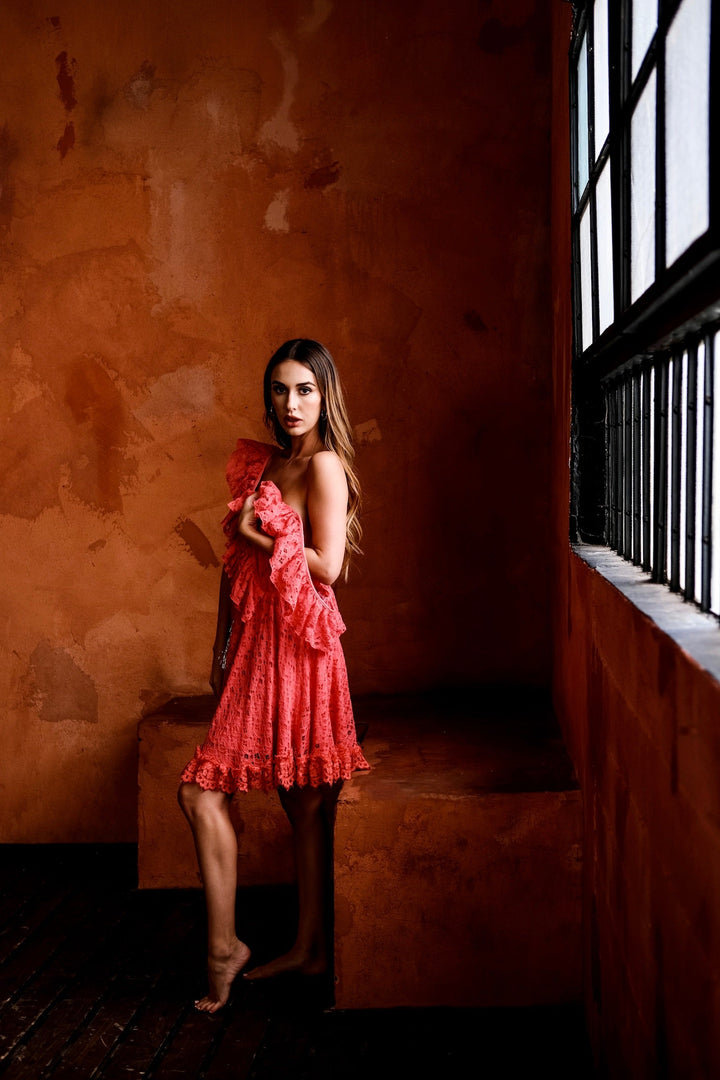 Lace Ruffle Dress - Coral