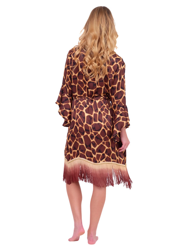 Giraffe Print Wrap Dress with Fringe