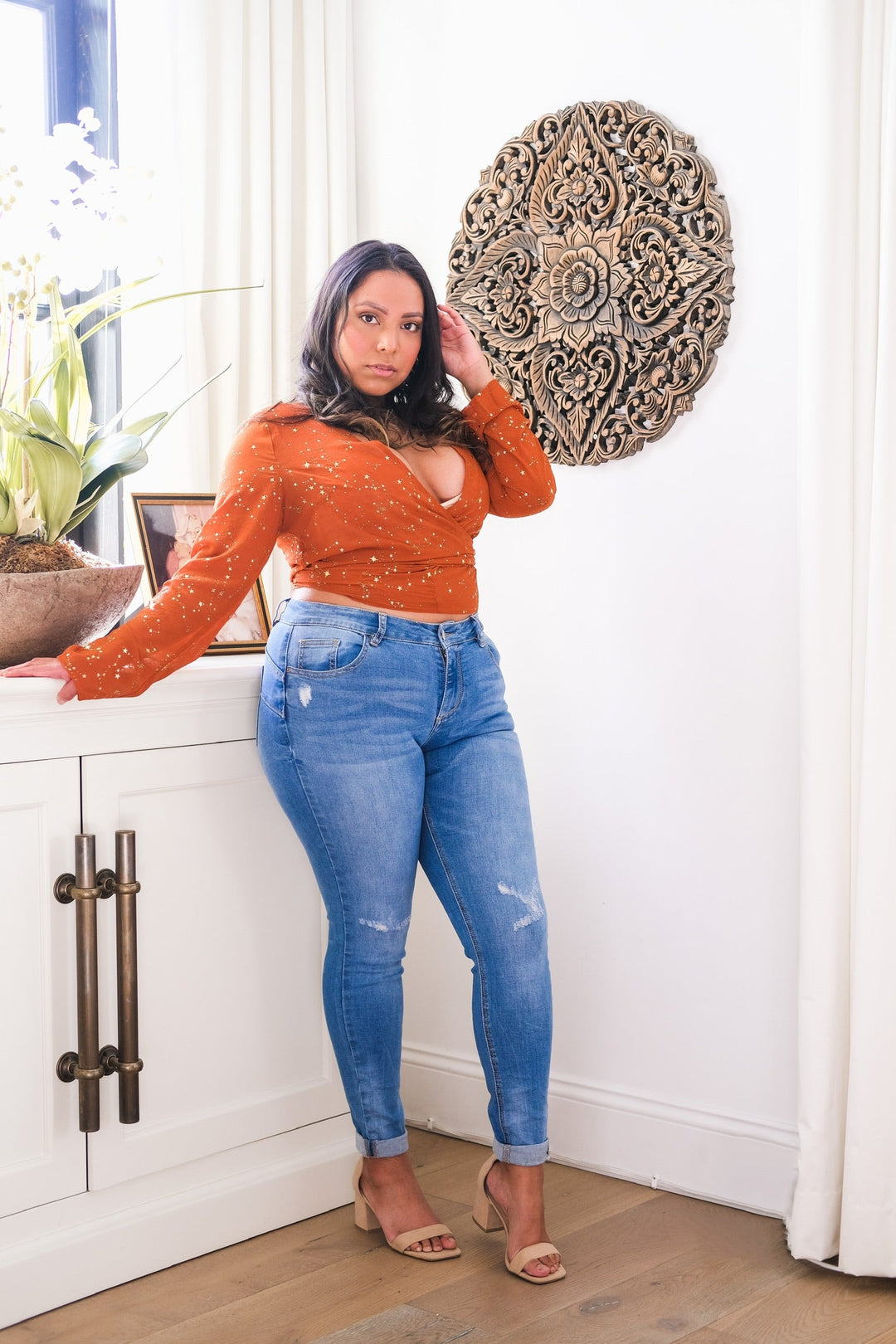 Rust Wrap Top with Golden Stars