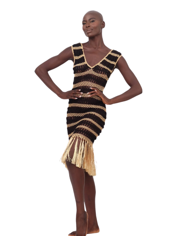 Black and Gold Crochet Fringe Dress