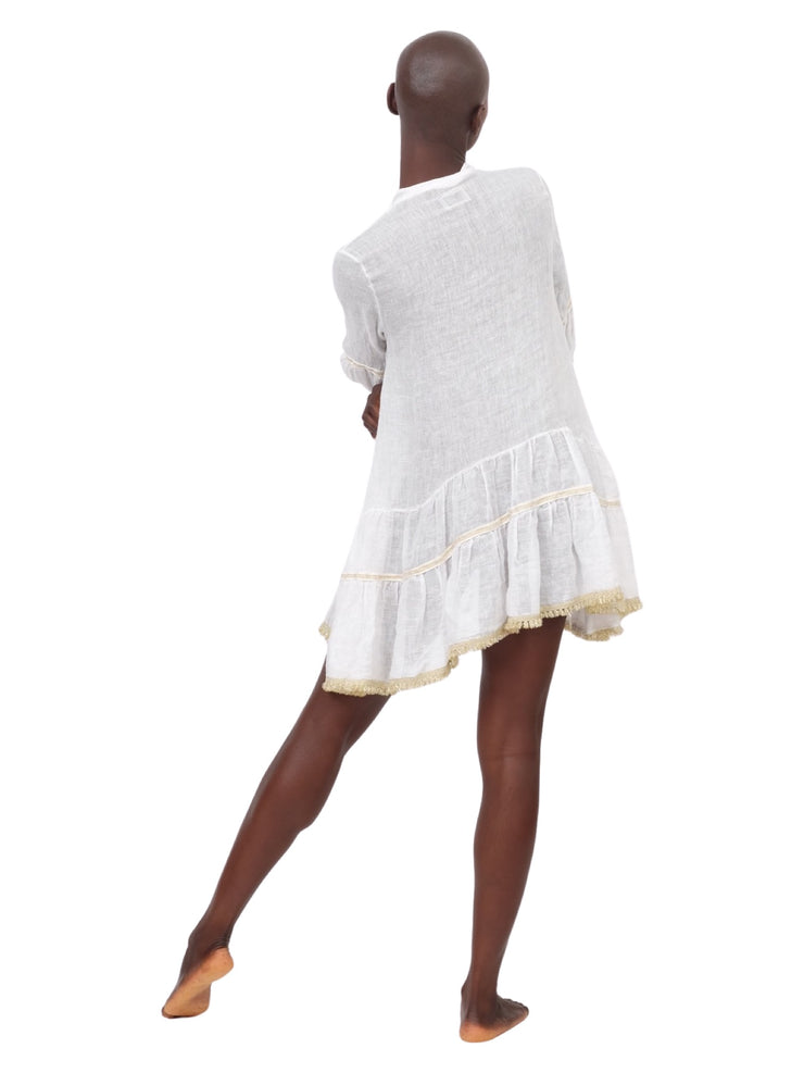 White and Beige Linen Tassel Dress