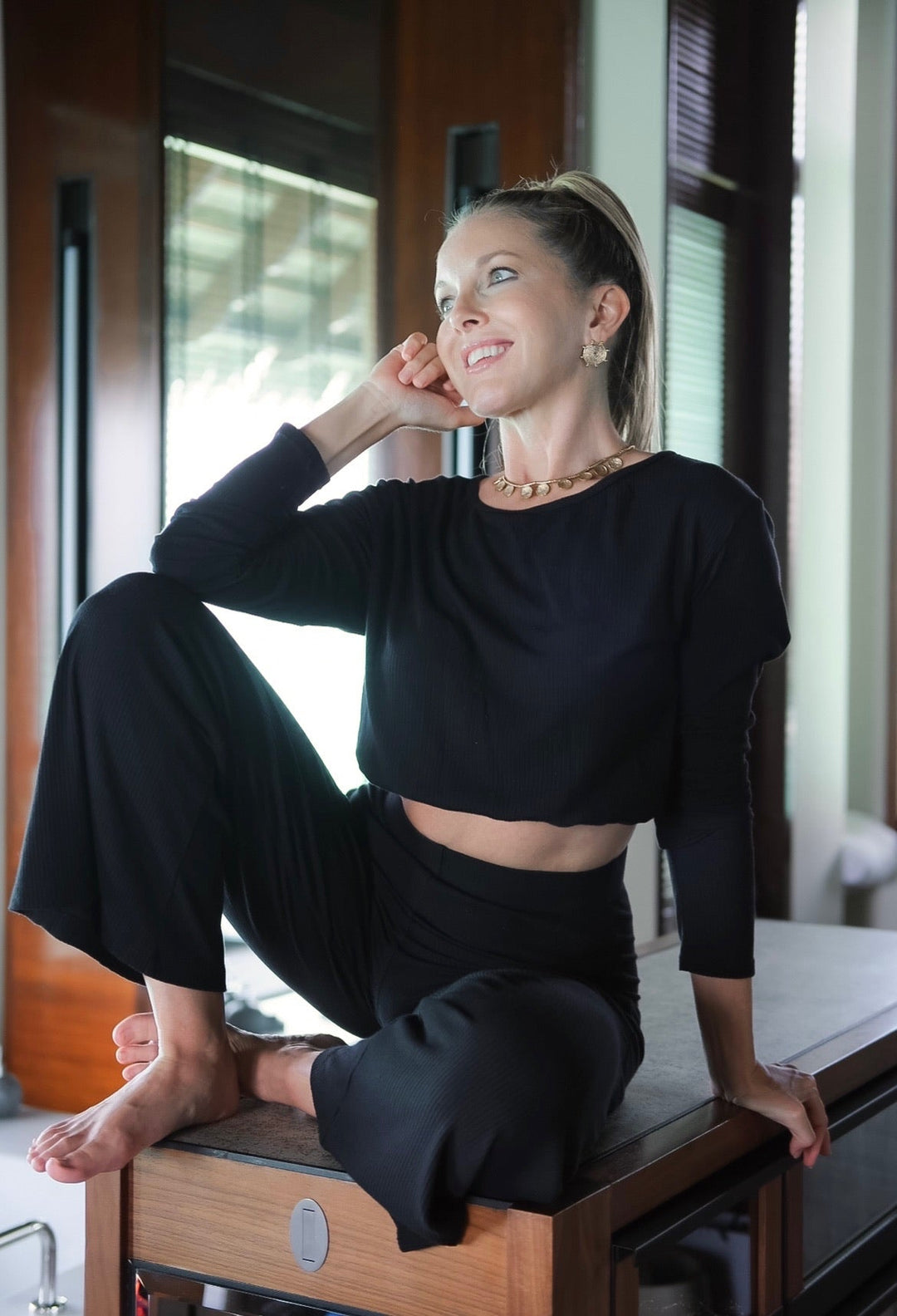 Black Ribbed Wide Leg Pant