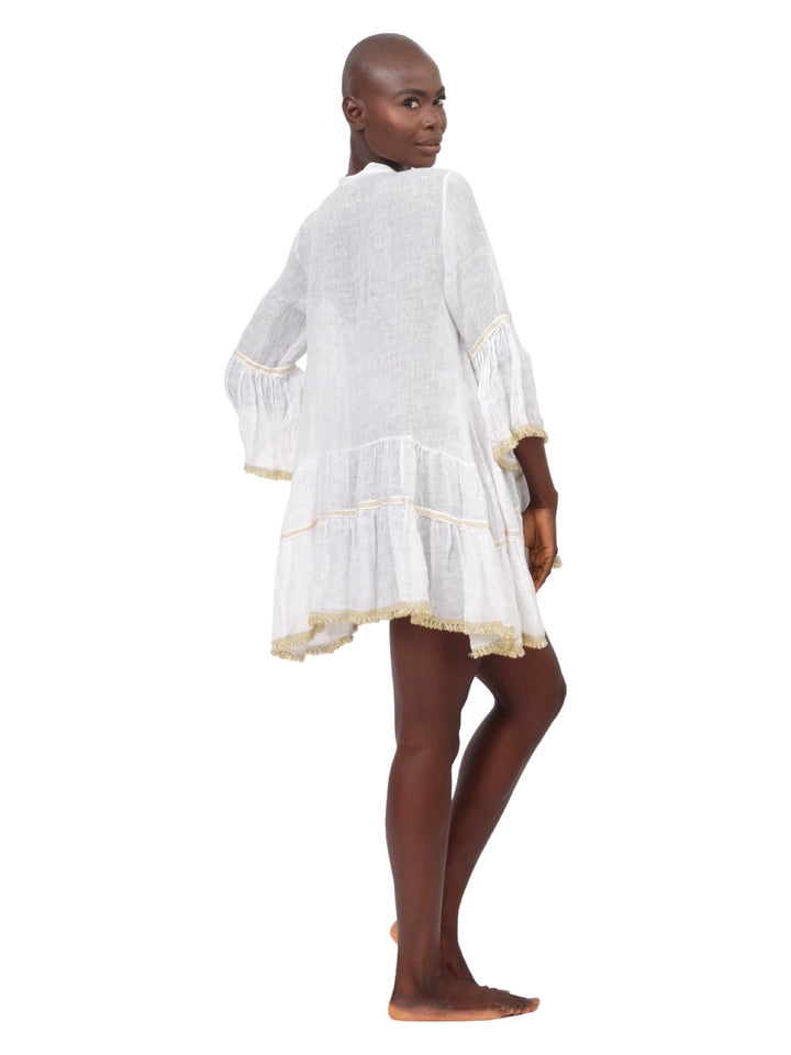 White and Beige Linen Tassel Dress
