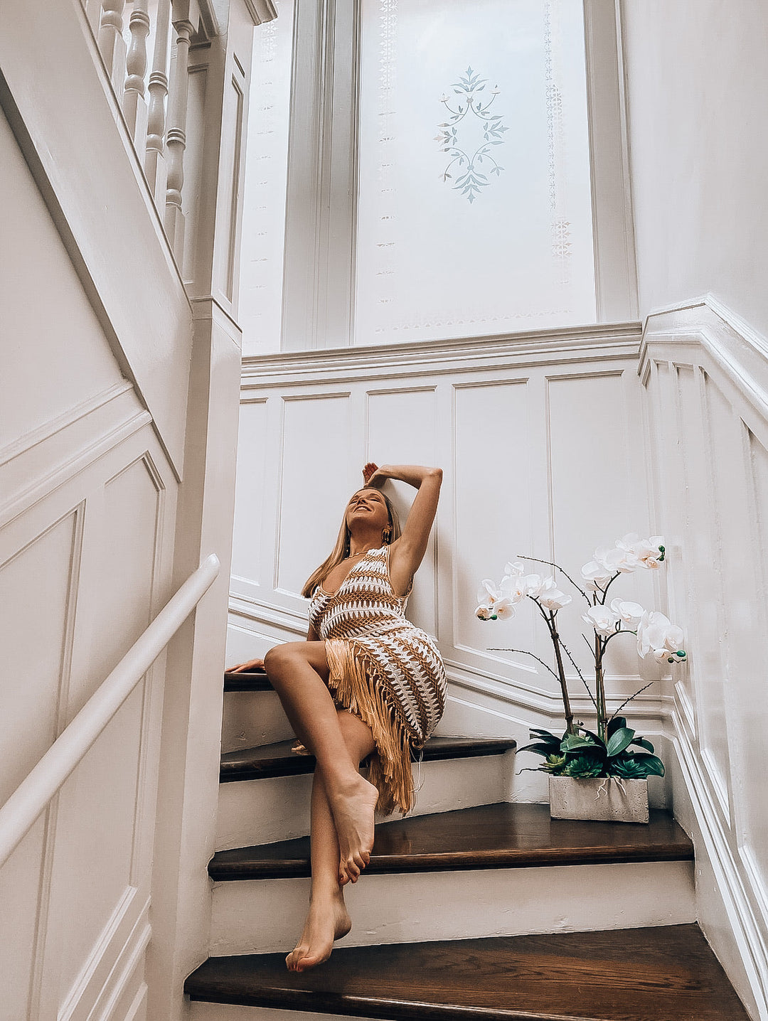 Gold and White Crochet Fringe Dress