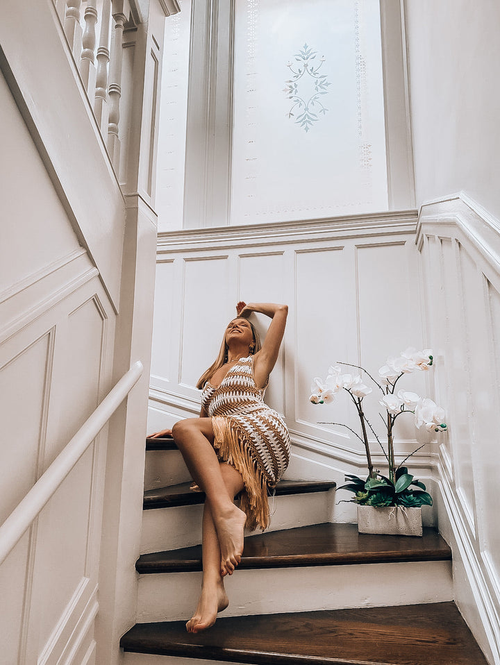Gold and White Crochet Fringe Dress