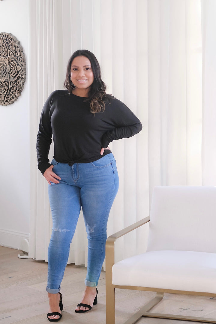 Long Sleeve Top with Front Knot - Black