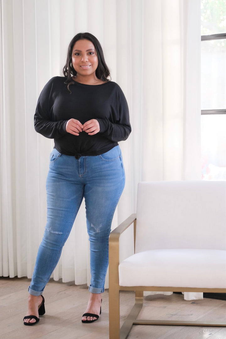 Long Sleeve Top with Front Knot - Black