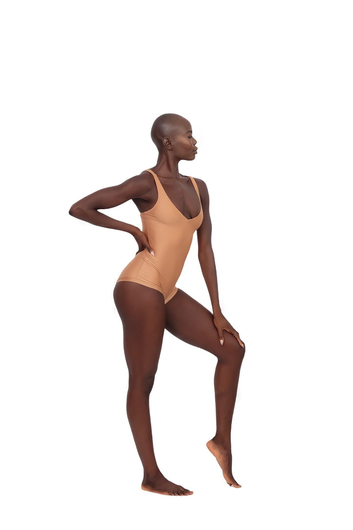 One Piece V-Neck Swimsuit - Almond
