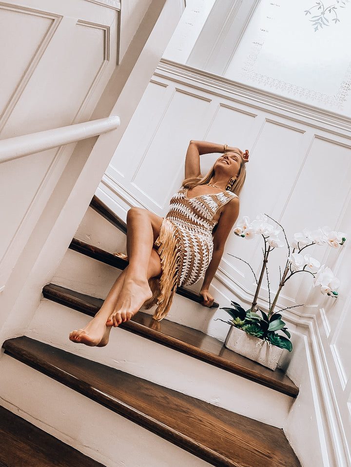 Gold and White Crochet Fringe Dress