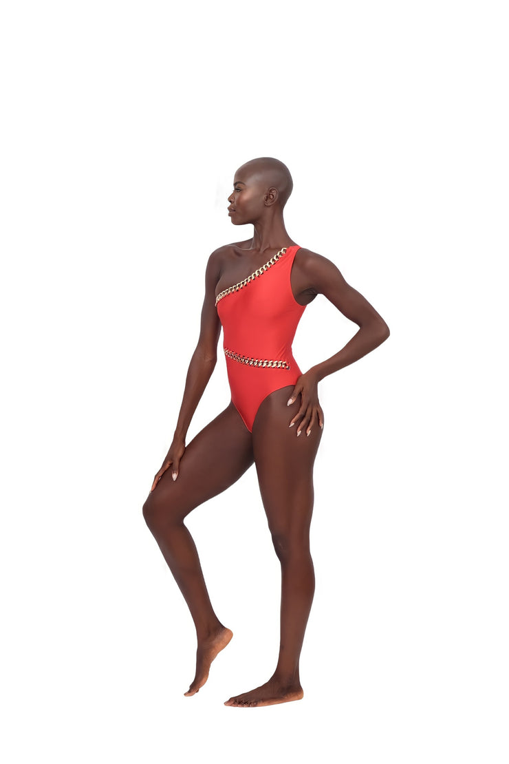 Chain Detail One Piece Swimsuit - Red