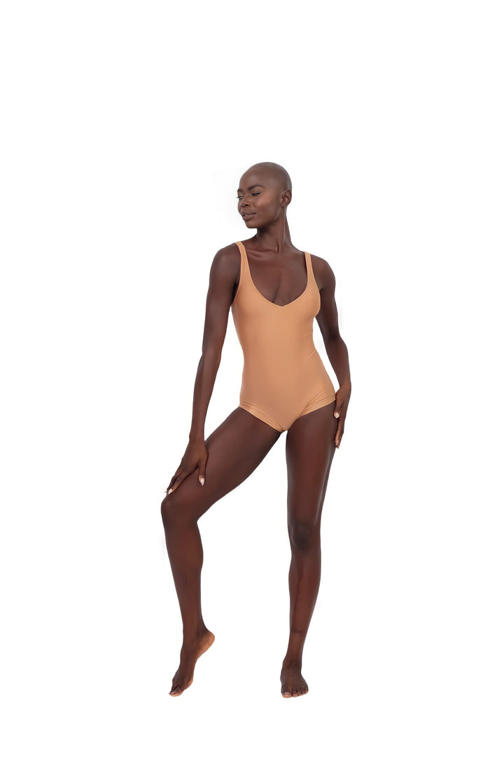 One Piece V-Neck Swimsuit - Almond