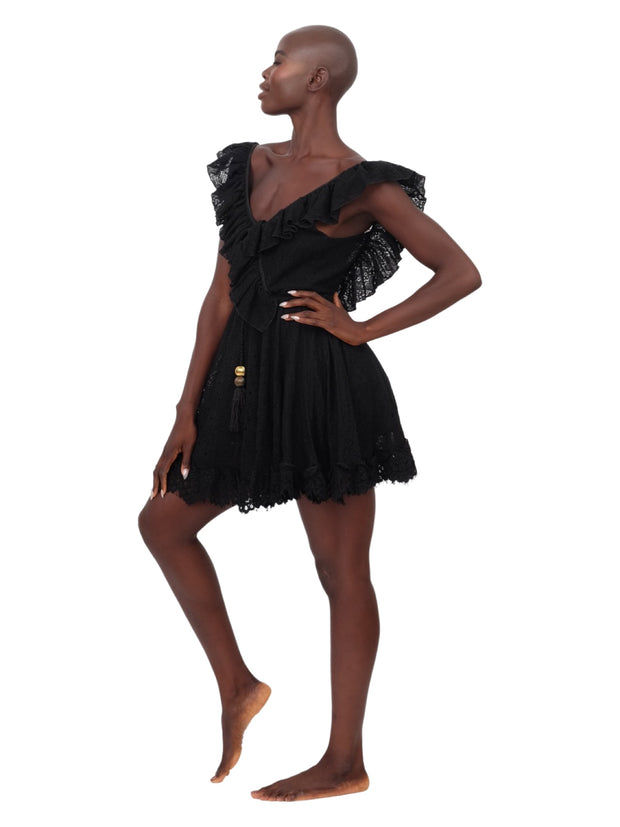 Lace Ruffle Dress With Tassel - Black