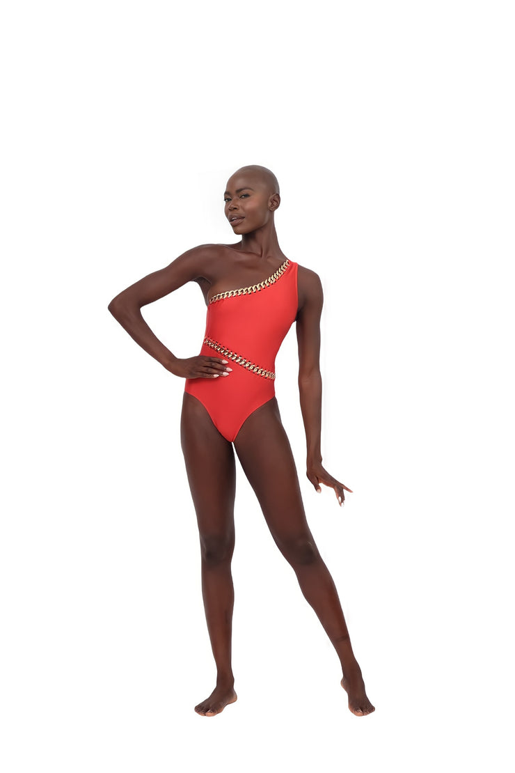 Chain Detail One Piece Swimsuit - Red