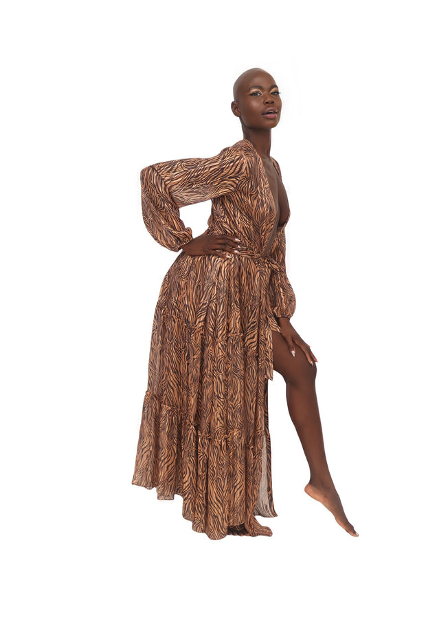 Maxi Wrap Duster Dress - Tiger Brown