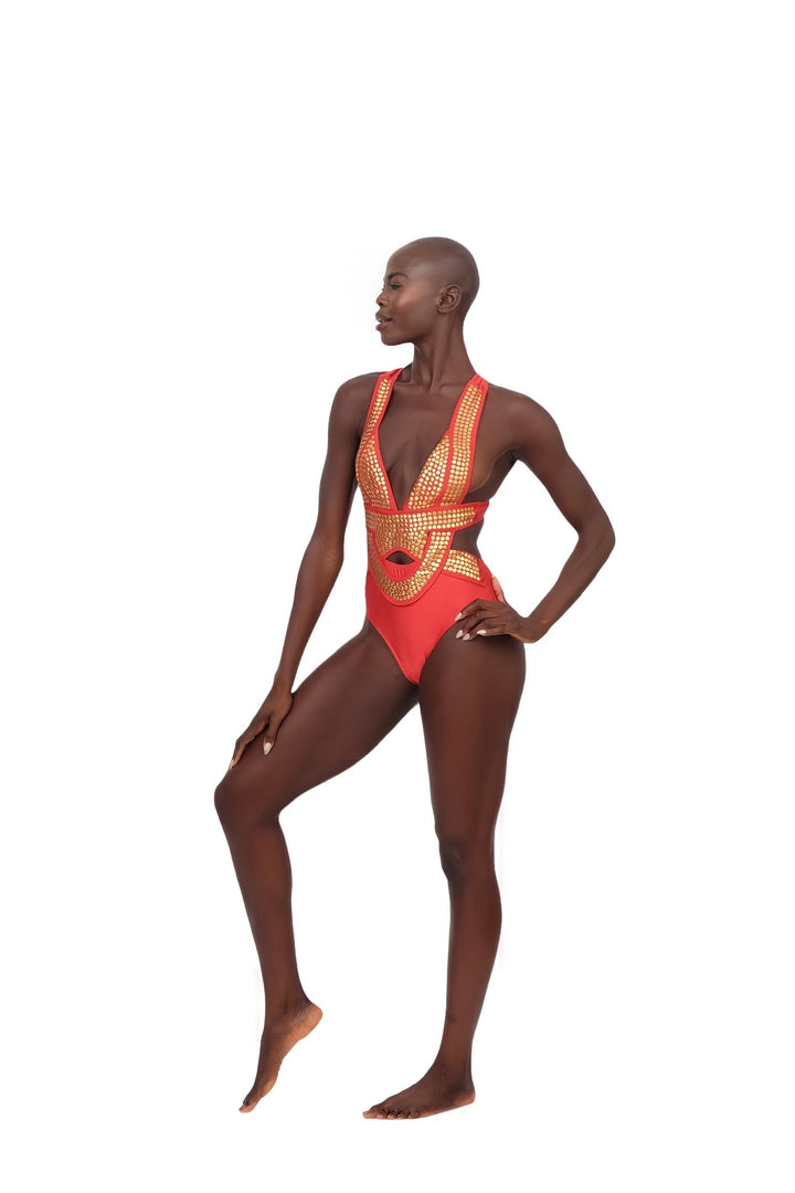 Maio One Piece Swimsuit- Red and Gold
