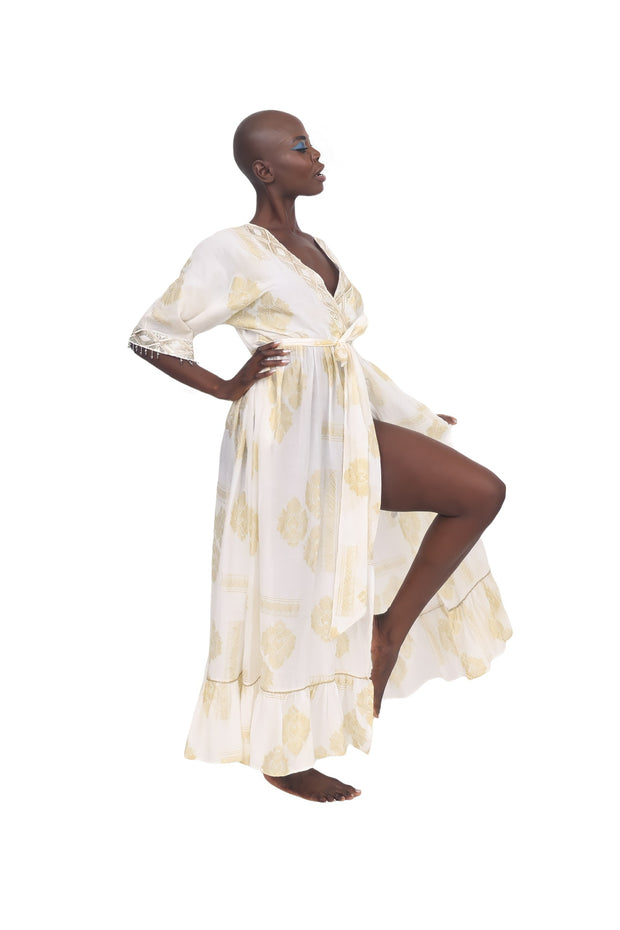 Sparkle Damask Maxi Wrap Coverup Dress - Cream/Gold