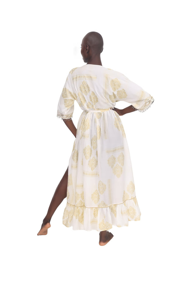 Sparkle Damask Maxi Wrap Coverup Dress - Cream/Gold