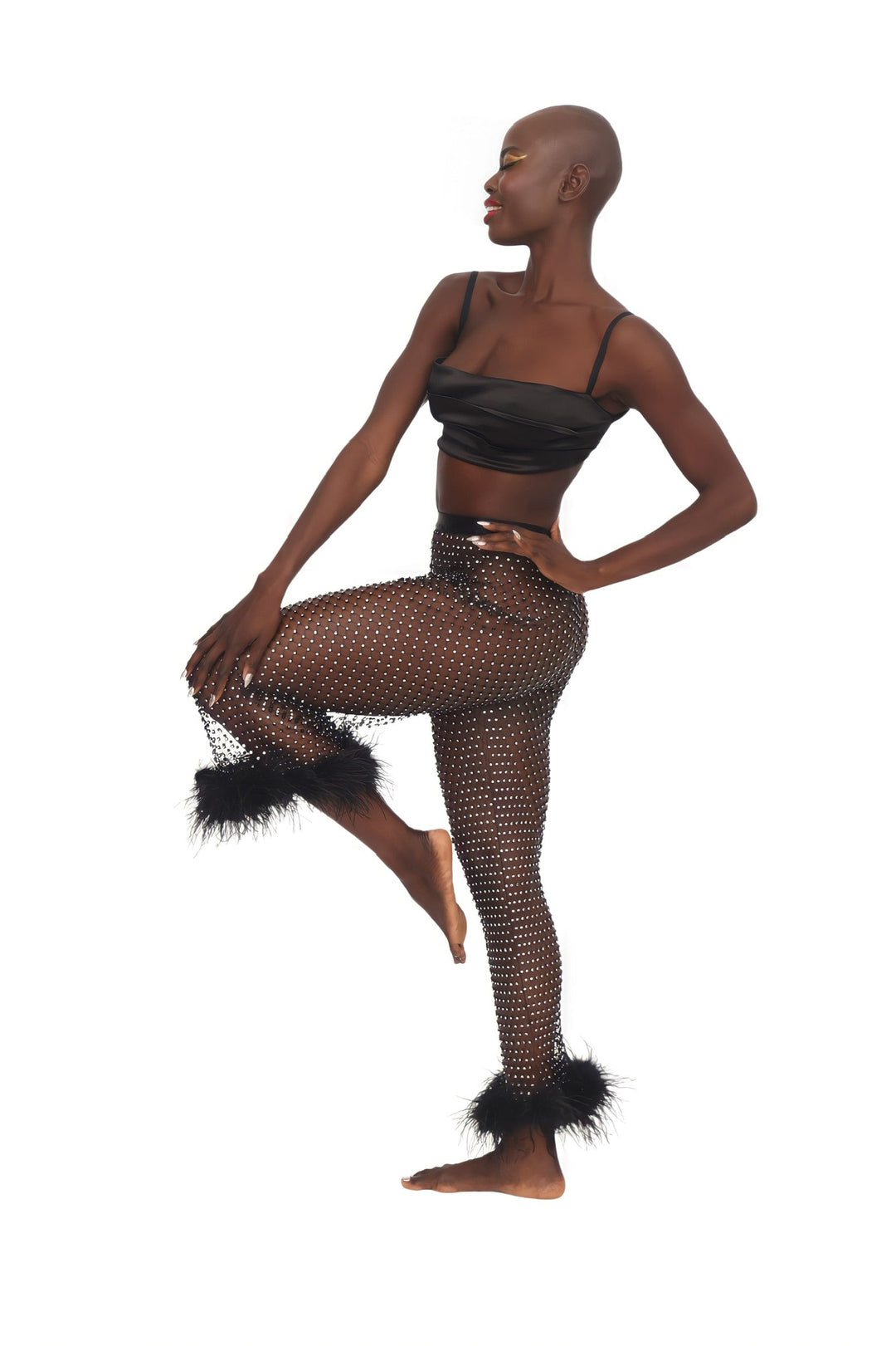 Rhinestone &amp; Feather Pants - Black