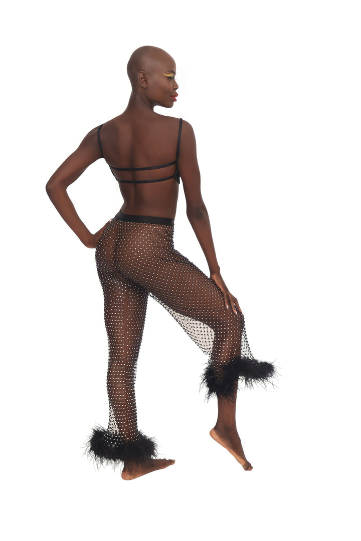 Rhinestone &amp; Feather Pants - Black