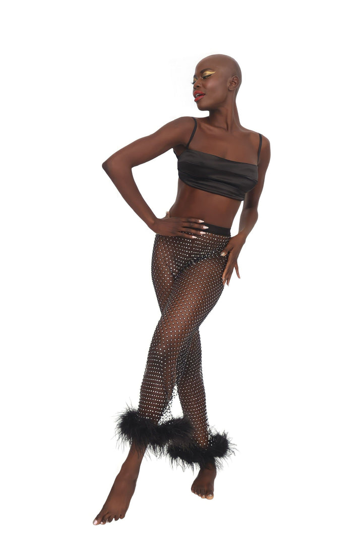 Rhinestone &amp; Feather Pants - Black
