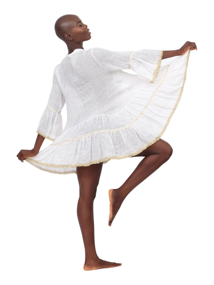 White and Beige Linen Tassel Dress