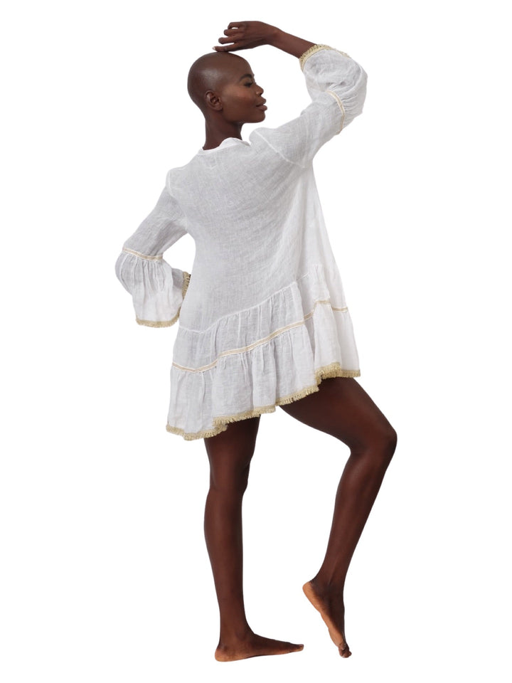White and Beige Linen Tassel Dress