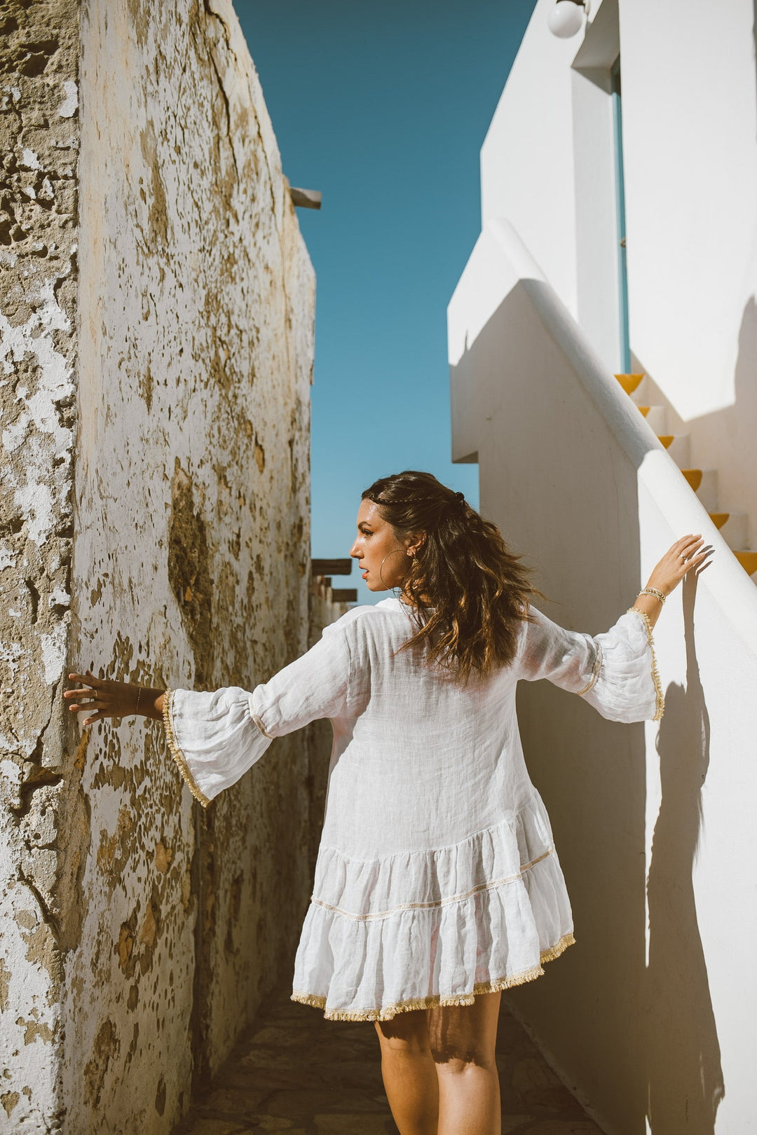 White and Beige Linen Tassel Dress