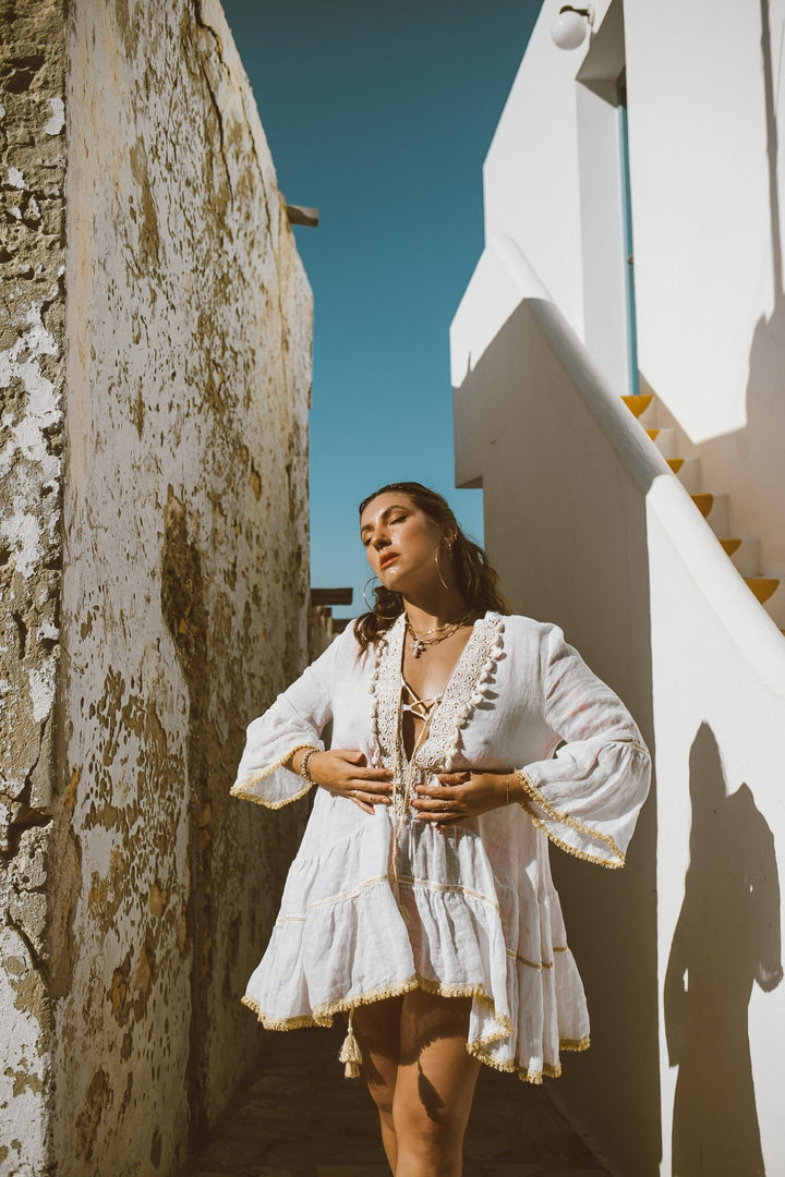 White and Beige Linen Tassel Dress