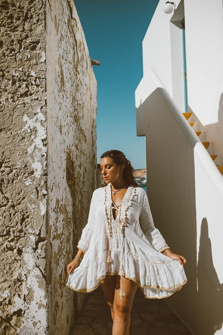 White and Beige Linen Tassel Dress