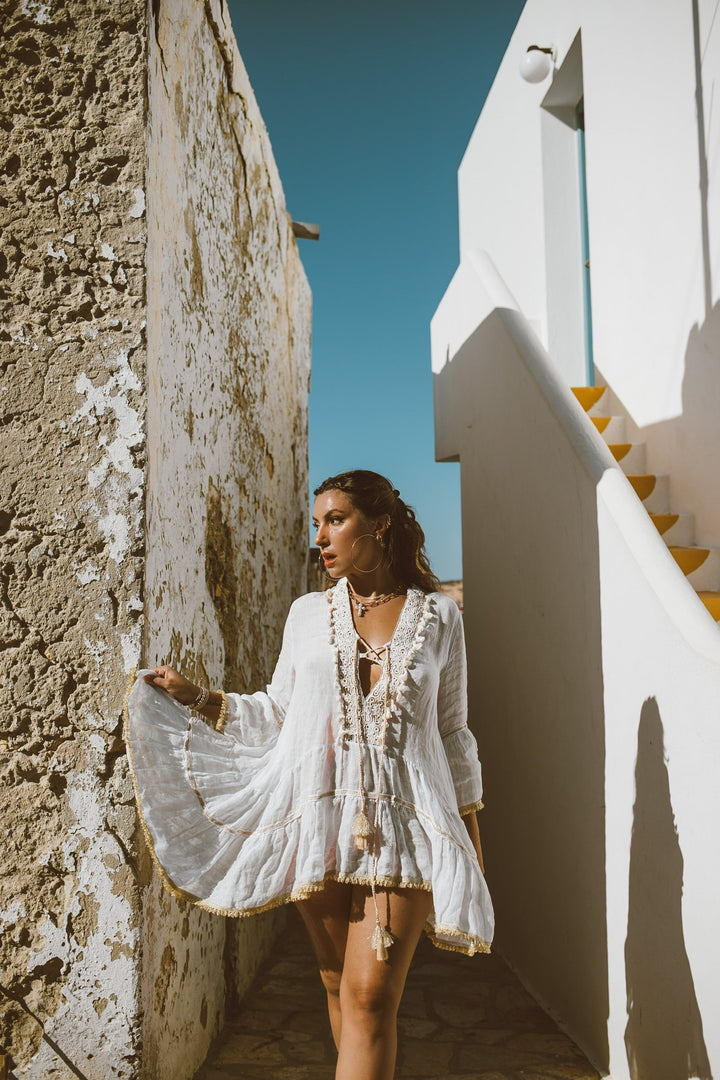 White and Beige Linen Tassel Dress