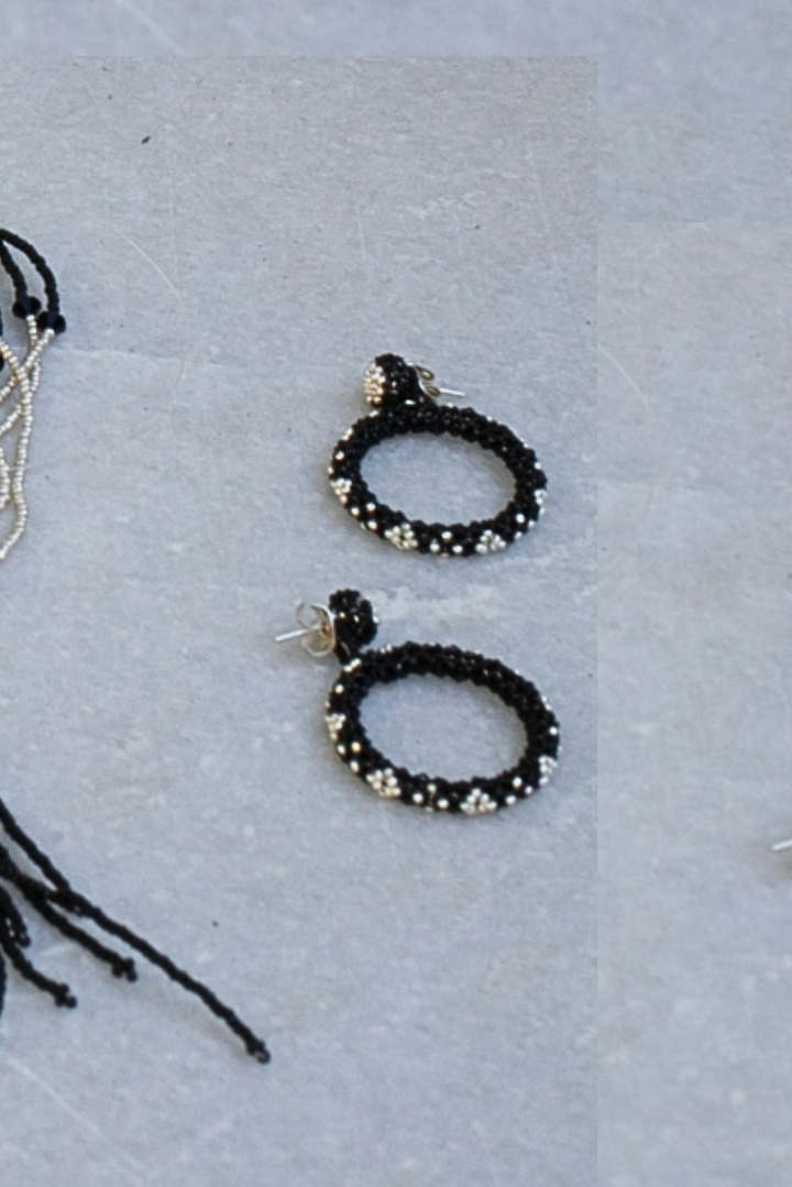Beaded Hoop Earrings - Black &amp; Silver