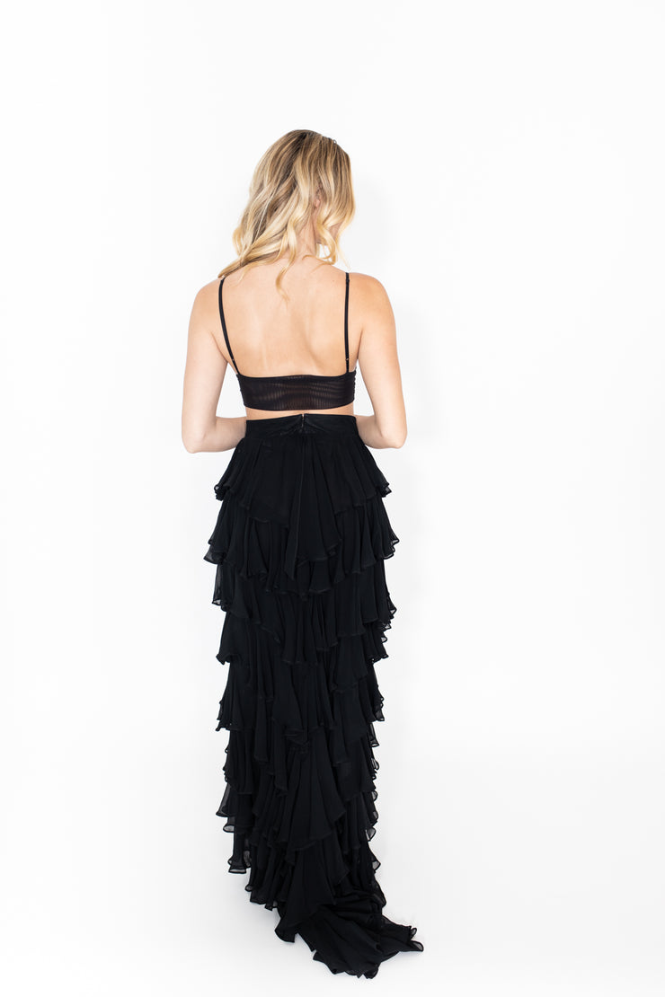 Black High Waist Tiered Ruffle Skirt