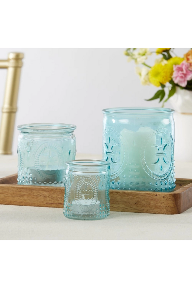 Vintage Blue Glass Tea Light Holders (Set of 3)
