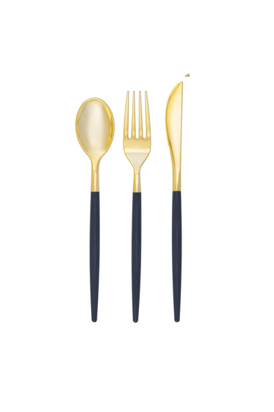 Navy and Gold Plastic Cutlery Set (32 Pieces)