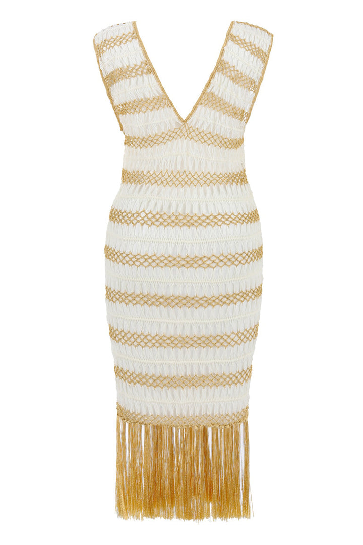 Gold and White Crochet Fringe Dress