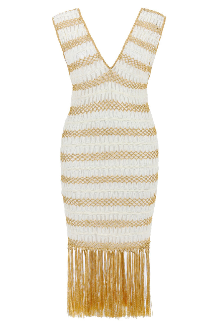Gold and White Crochet Fringe Dress
