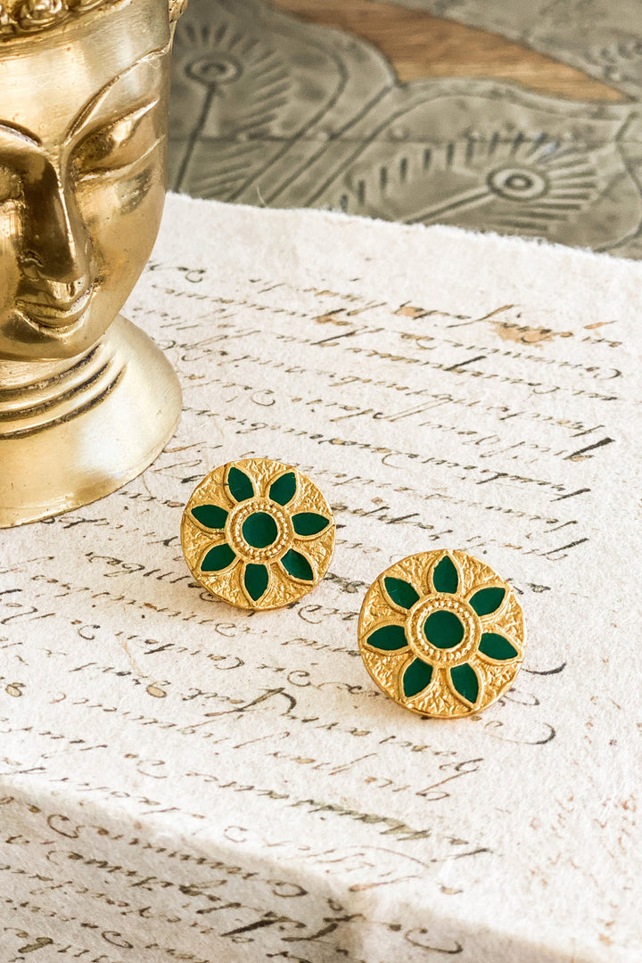 Green and Gold Round Earrings