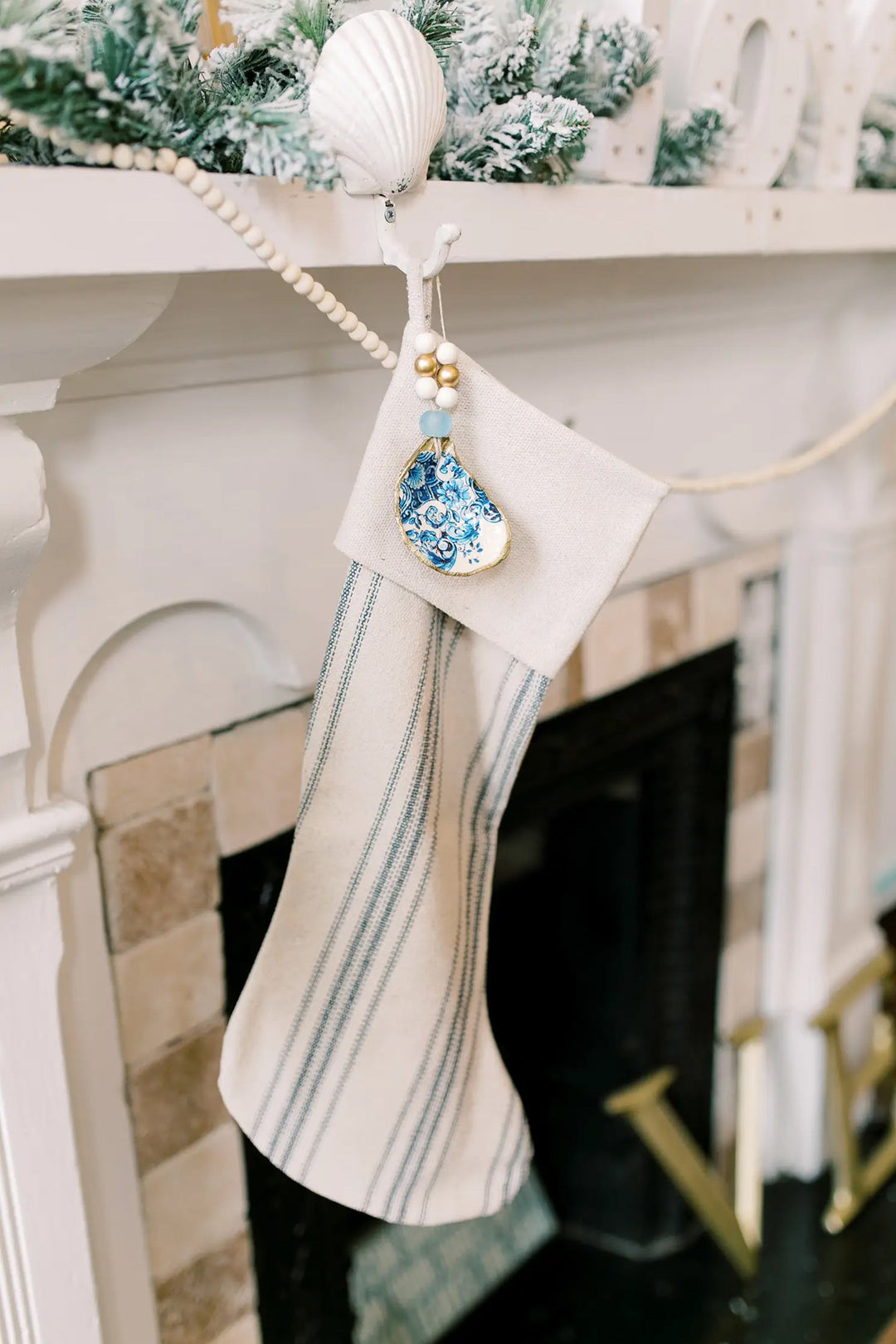 Indigo Floral Oyster Shell Ornament