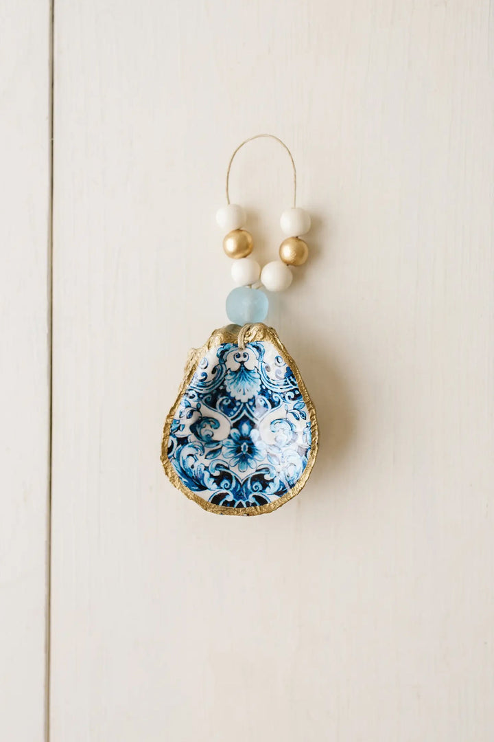 Indigo Floral Oyster Shell Ornament