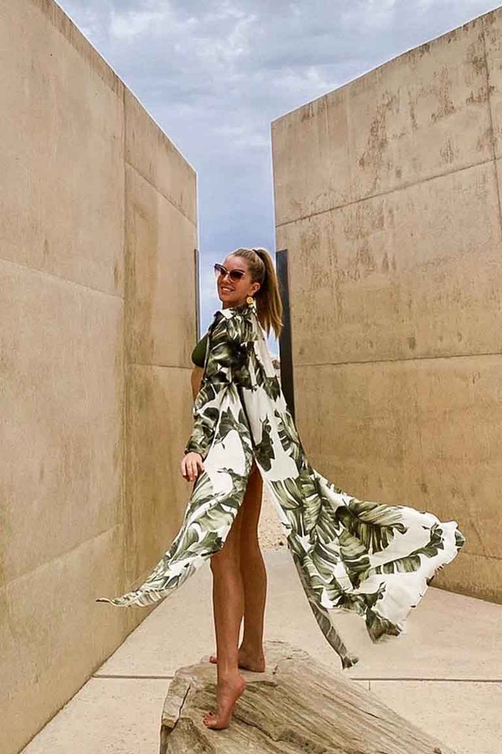 Palm Leaf Button Up Shirt Dress Tunic